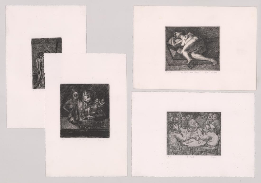 Eli Levin Group of Four Signed Etchings: Eli Levin (American 1938 b) group of four pencil signed etchings. 1) Pencil signed "Levin" lower right. Titled "Bored" lower center. Artists Proof "AP" lower left. Measures 4" x 4 7/8" image size and 