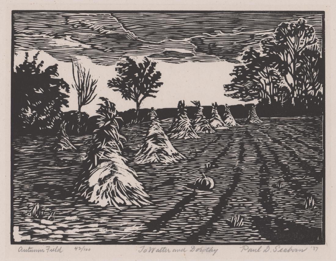 Paul D. Seaborn Signed WPA Era Woodcut: Paul D. Seaborn signed WPA era woodcut. Pencil signed and dated "Paul D. Seaborn '37" lower right. Titled and numbered "Autumn Field 42/100" in pencil lower left. Dedicated "To Walter and Dorothy" in 
