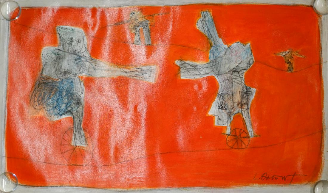 Luis Oviedo-Weber (20/21st Century): Luis Oviedo-Weber (20/21st Century) original oil painting on canvas. Measures 30" x 50". Signed lower right. Signed, dated and titled on verso. Titled "Acrobats". Rolled, appears to have never been st