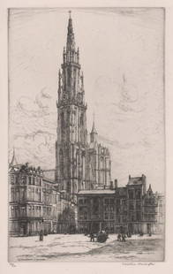 Caroline Armington Signed Etching: Caroline Armington (American 1898 - 1986) signed etching. Signed in pencil "Caroline Armington" lower right. Numbered in pencil "54/100" lower left. Titled "La Cathedrale D'Anvers" lower left in