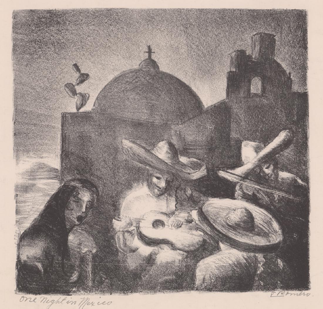 Carlos Orozco Romero Signed Lithograph: Carlos Orozco Romero (Mexican/American 1898 - 1984) signed lithograph. Pencil signed "C. Romero" lower right. Title "One Night in Mexico" in pencil lower left. Measures 9-1/8" x 8.75" image size and 1
