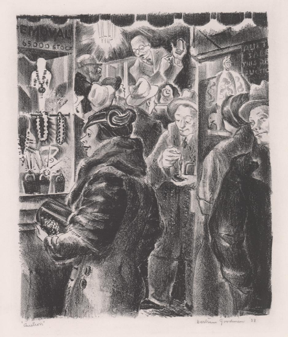 Bertram A. Goodman Signed Lithograph: Bertram A. Goodman (American 1904 - 1988) signed lithograph. Signed and dated in pencil "Bertram Goodman '33" lower right. Titled "Auction" in pencil lower left. Measures 7" x 8.5" image size and 10.5