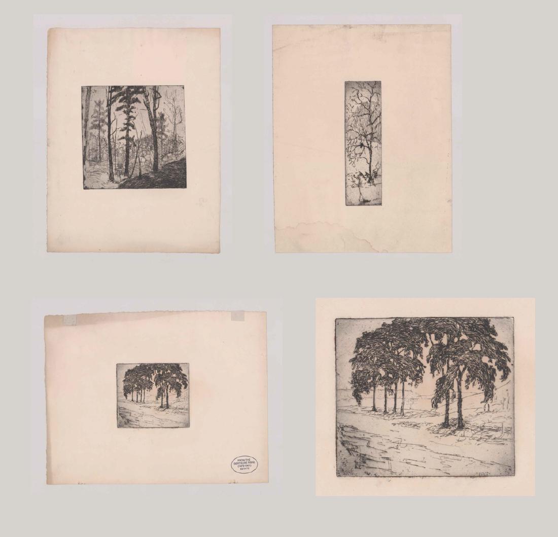 Three Gertrude Fiske Etchings: Three etchings from the Estate of Gertrude Fiske (American 1879 - 1961). 1) Stamped "From the Gertrude Fiske (1879-1961) Estate" inside an oval, lower right of sheet. It measures 12-7/8" x 9-7/8" shee