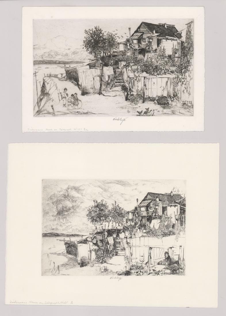 Two John William Winkler Signed Etchings: Two John William Winkler (American 1890 - 1979) signed etchings. Both signed ("Winkler JW") in pencil lower center. 1) Artist surname in plate lower right. Title "Fisherman's Home on Telegraph Hill -