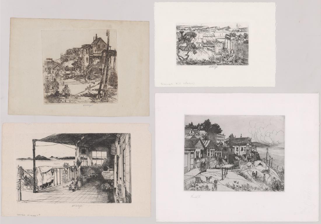 Four John William Winkler Signed Etchings: Four John William Winkler (American 1890 - 1979) signed etchings. All four signed ("Winkler JW") in pencil, three lower center and one lower left. Titles include: "End of Telegraph Hill Plate B"; "Two
