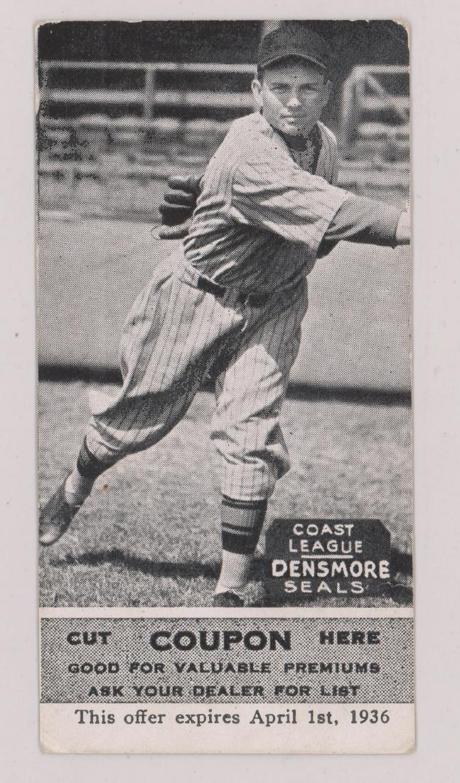 1933-36 Zeenut P.C.L. Densmore W/Coupon: 1933-36 Zeenut P.C.L. James Densmore Black & White with Coupon. Found in the estate after the PSA submission was sent. VG/VG-EX condition. Condition report is provided as a courtesy and is only an opi