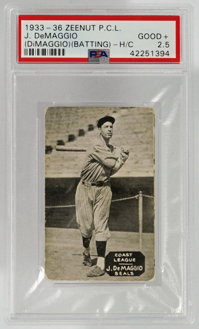 1933-36 Zeenut P.C.L. Joe DiMaggio Batting PSA 2.5: 1933-36 Zeenut P.C.L. Joe DeMaggio (DiMaggio) Black & White (Batting) H/Cut, PSA Good+ 2.5. Pop 1 of 1 with one higher. Provenance: Spokane, Wa. estate. We ship all items from this auction in-house an