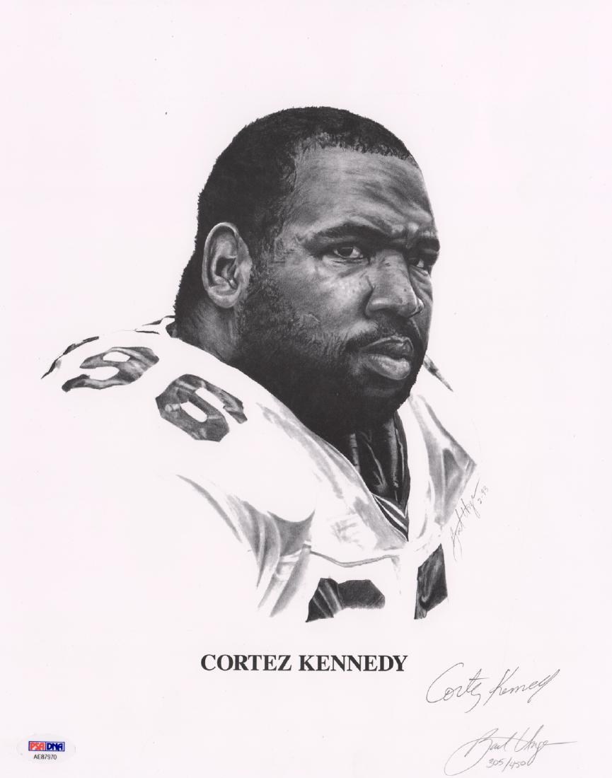 Cortez Kennedy Signed & Numbered Print: Cortez Kennedy print autographed by Tez and signed and numbered by the artist Bart Unger. NM-MT/MT. Unframed, loose and not glued or mounted. We ship all items from this auction in-house and gladly co