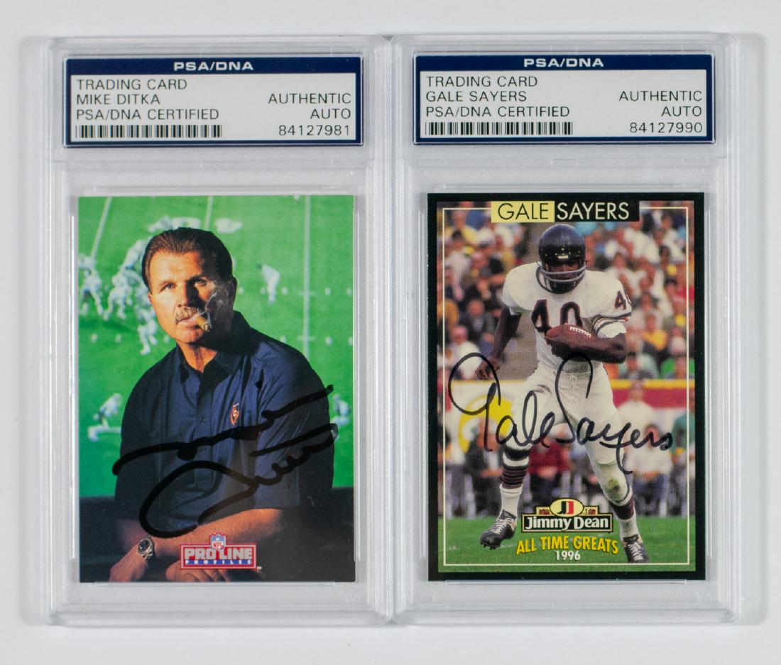 Mike Ditka and Gale Sayers Signed Football Cards: Two Chicago Bears autographed football cards. PSA/DNA authenticated and encapsulated. Includes Gale Sayers and Mike Ditka. We ship all items from this auction in-house and gladly combine shipping if p