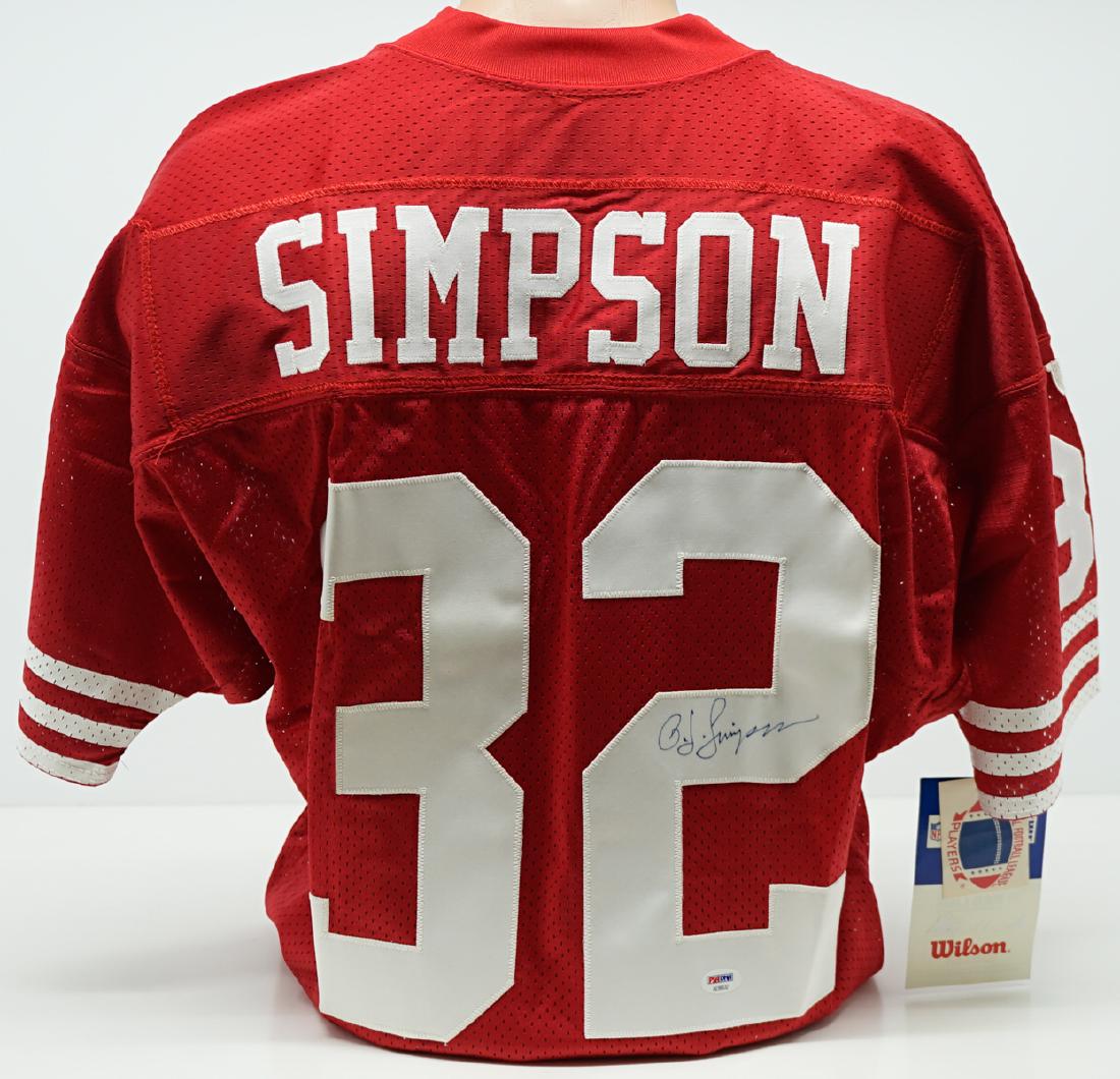 O.J. Simpson Signed 49'ers Jersey PSA/DNA: O.J. Simpson signed San Francisco 49'ers replica jersey. Includes PSA/DNA COA #AE99532. We ship all items from this auction in-house and gladly combine shipping if possible of multiple items.