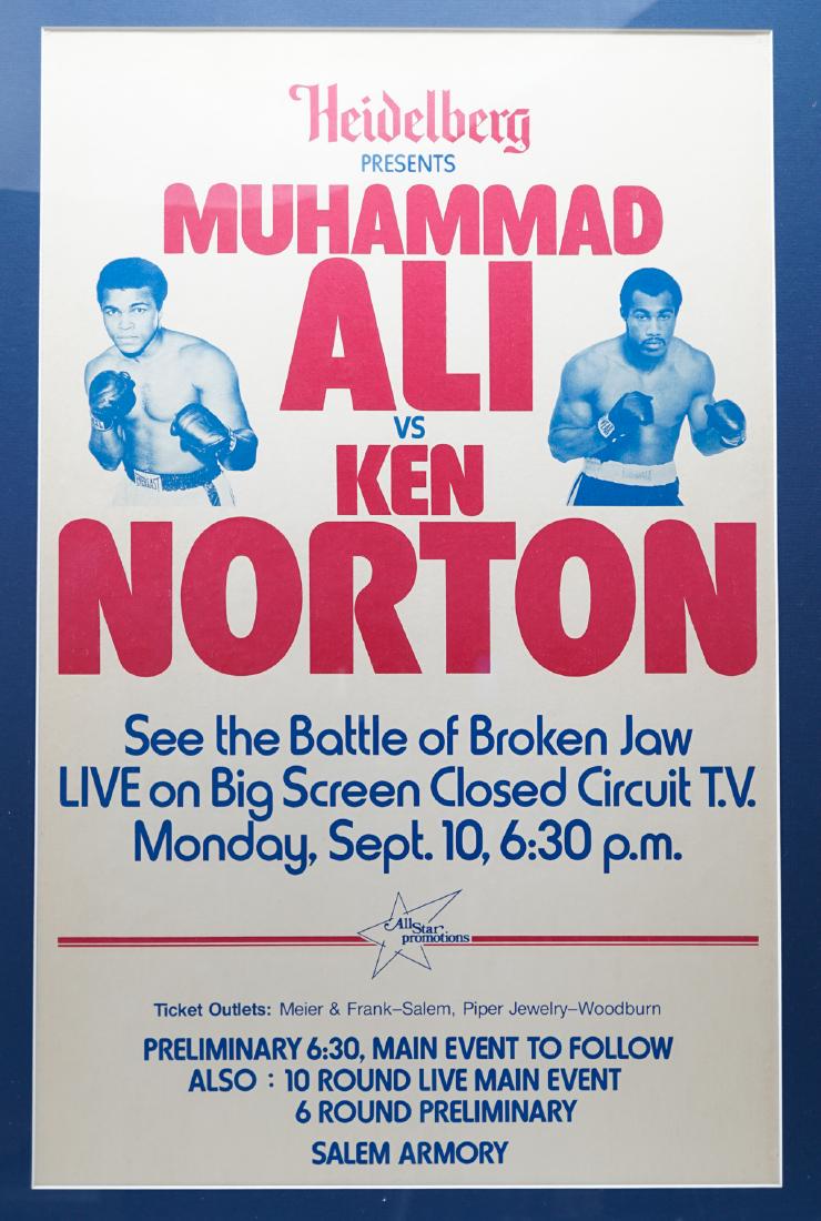 1973 Ali vs. Norton Closed Circuit Boxing Poster: 1973 Muhammad Ali vs. Ken Norton Closed Circuit Boxing Poster from September 10, 1973. Professionally framed and measures 21.125 in. x 13.375 in. sight size and 26" x 17.25" framed. Appears to be in e