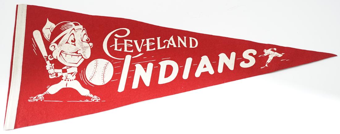 Vintage Cleveland Indians Pennant: Vintage Cleveland Indians pennant measuring 29 in. x 11.75 in. VG-EX/EX. Provenance: Mark Rucker Collection. We ship all items from this auction in-house and gladly combine shipping if possible of mul