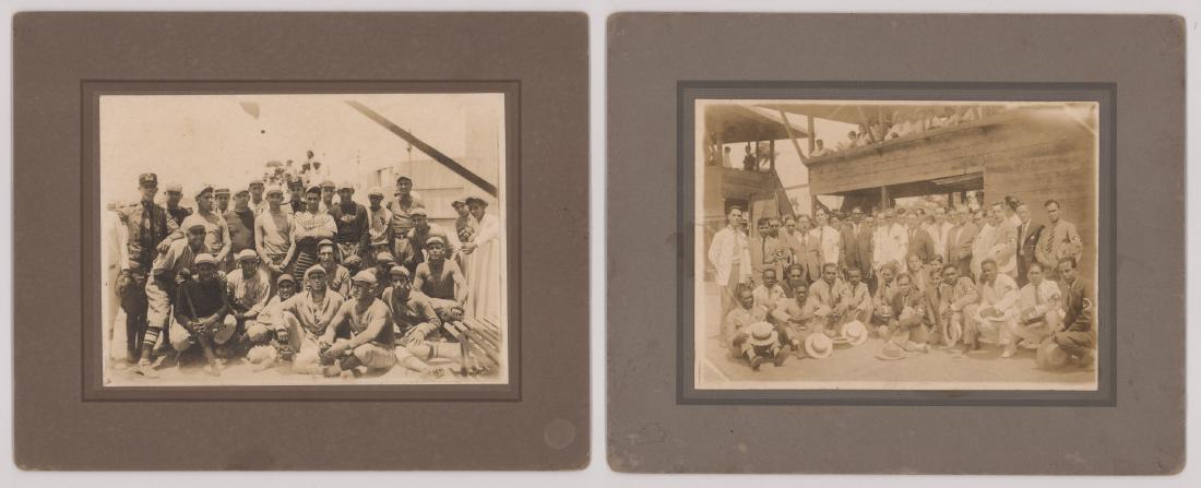 Two Early 1900's Cuban Baseball Photos: Two early Cuban mounted baseball photos. Each measuring 5 in. x 7 in. image size and on 8 in. x 10 in. mounts. Photograph with uniformed players has embossed photographers stamp that reads "Foto-Estud