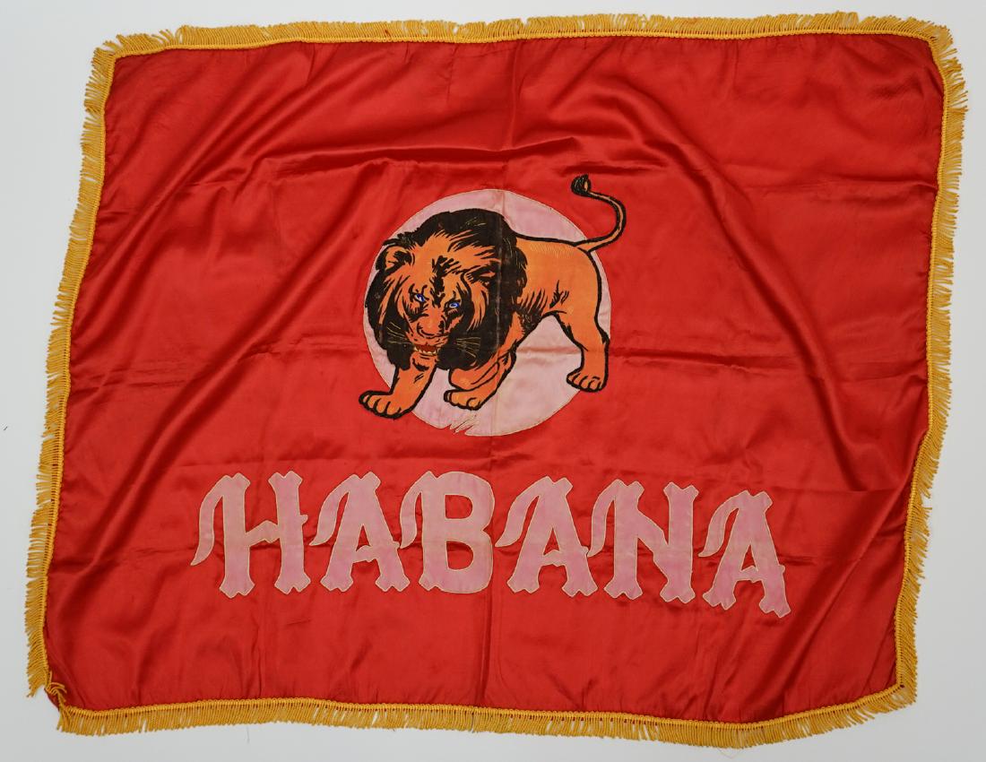 Vintage Havana Lions Baseball Banner: Vintage Havana Lions silk baseball banner. Silk and applique giant banner measuring 34 in. x 43 in. The lettering is also sewn on. VG-EX/EX condition with a few small holes. Condition report is provid