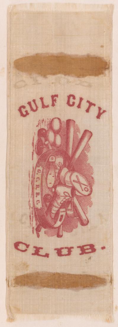 1860's Baseball Silk From The Southern Coast: 1860's Baseball silk from the Gulf City Club. Measures 5.5 in. x 2 in. From a southern scrapbook comes this white silk ribbon, printed with a complex baseball design with equipment of all kinds. Surro