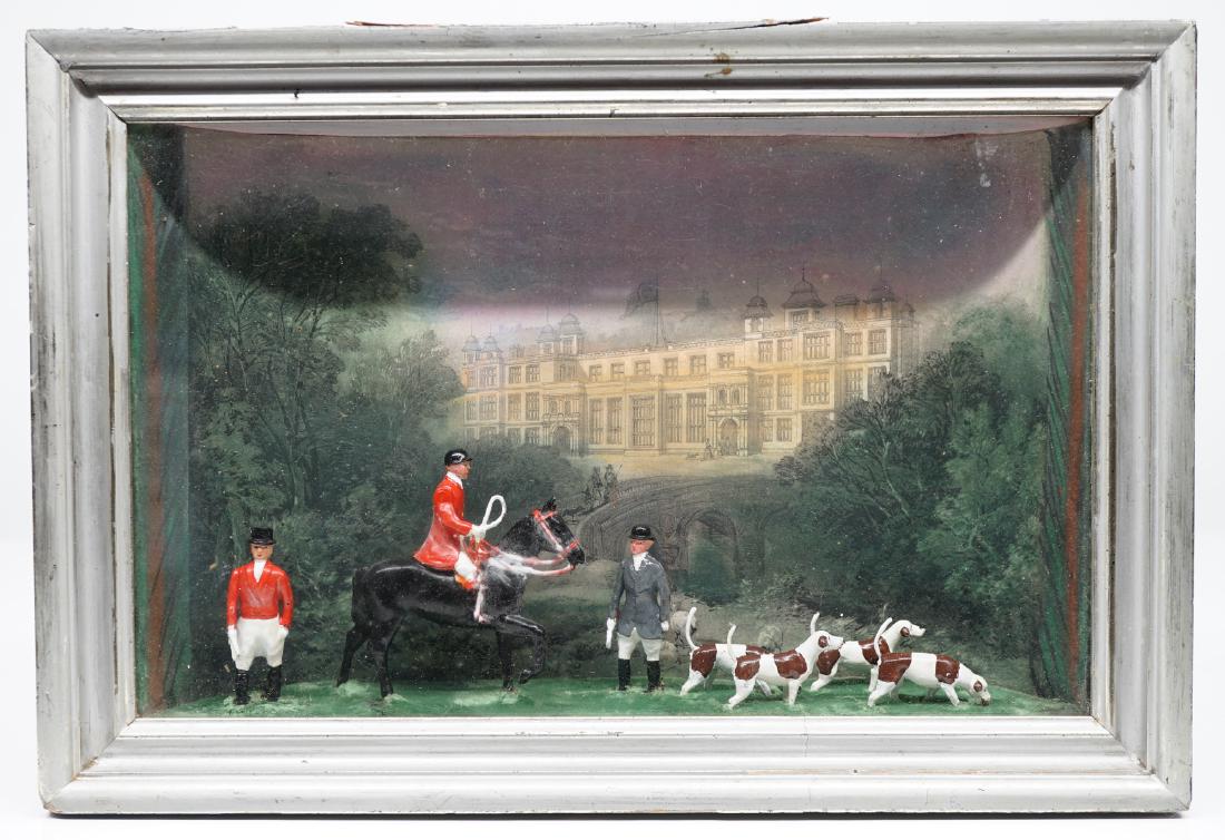 Antique Hunt Scene Diorama: Antique hunt scene diorama. Measures 10.625 in. x 6.5625 in sight size and 8.5 in. x 12.5 in framed. Figures all appear in excellent condition, frame has split and damage along top front edge. We ship