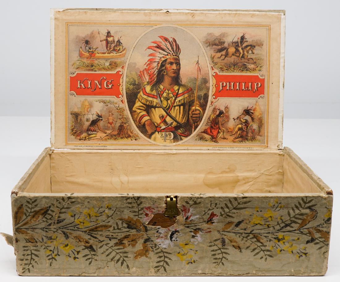 Heppenheimer & Maurer King Philip Cigar Box: Heppenheimer & Maurer cigar box or cigar box label placed on the underside of this cigar box. King Philip label measures 4.875 in. x 7.9375 in. Box measures 2.5 in. x 8.625 in. x 5 in.