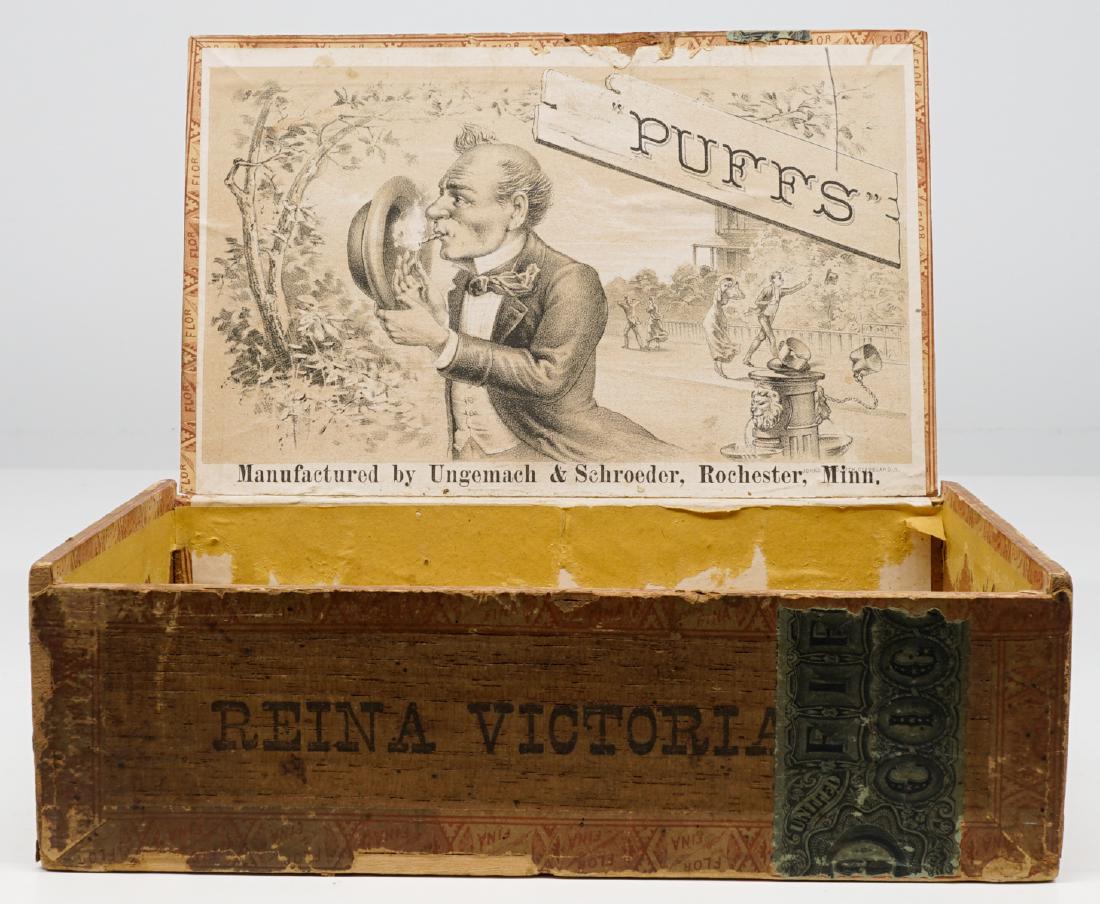 Puffs Antique Cigar Box: Puffs antique cigar box. Measures 2.375 in. x 7.875 in. x 4.75 in. We ship all items from this auction in-house and gladly combine shipping if possible of multiple items.