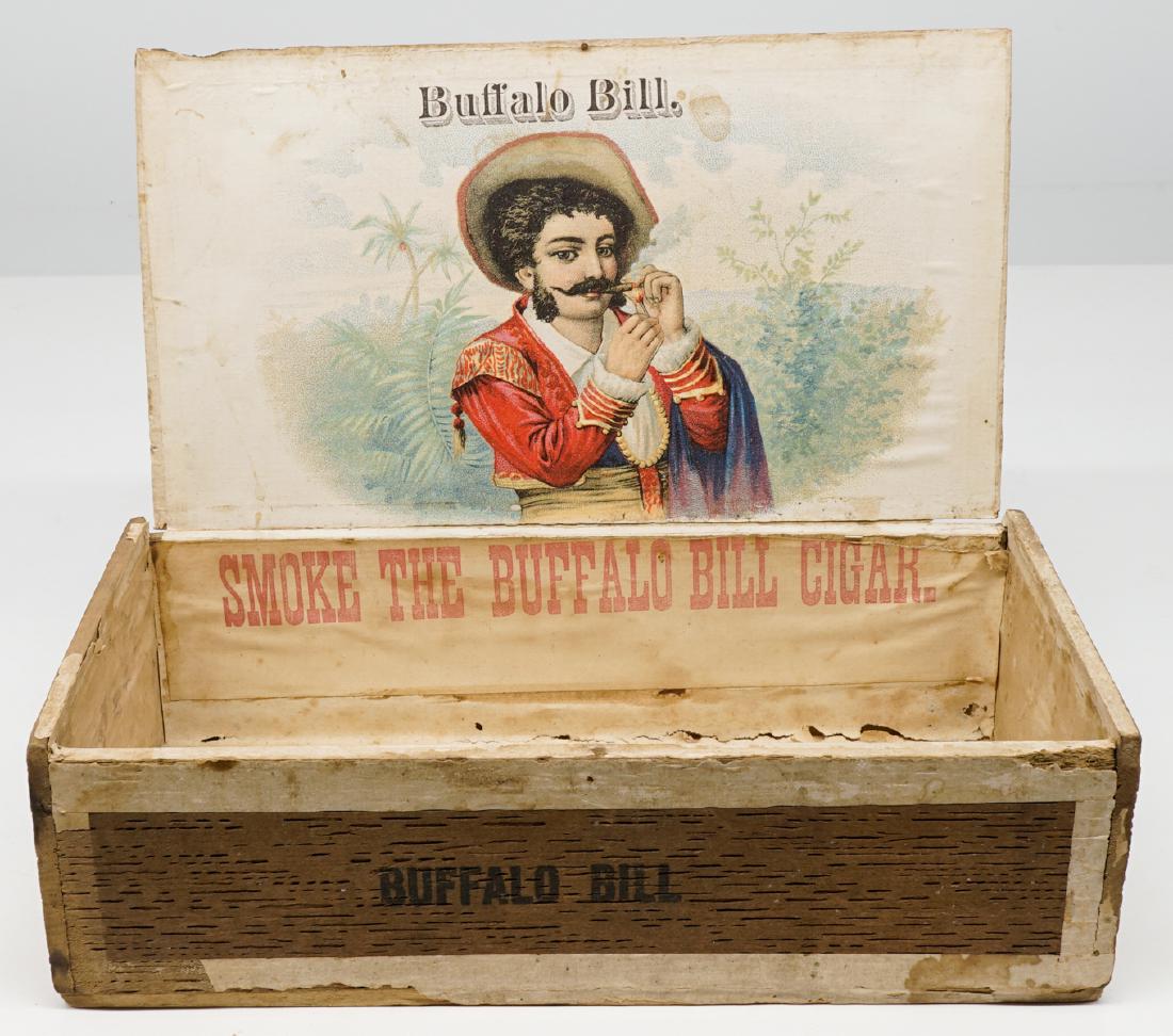 Buffalo Bill Brand Cigar Box: Buffalo Bill cigar box. Measures 2.5 in. x 8.625 in. x 4.625 in. We ship all items from this auction in-house and gladly combine shipping if possible of multiple items.