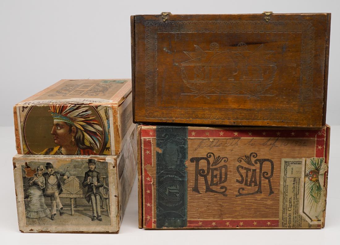Four Antique Cigar Boxes: Four antique cigar boxes. Includes The Crank, Black Hawk, Red Star and Sin Par. We ship all items from this auction in-house and gladly combine shipping if possible of multiple items.