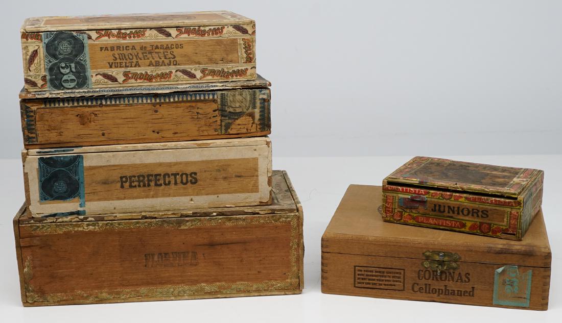 Six Antique Cigar Boxes: Six antique cigar boxes. Includes Smokettes, Key West Leader, Our Standard and more. We ship all items from this auction in-house and gladly combine shipping if possible of multiple items.