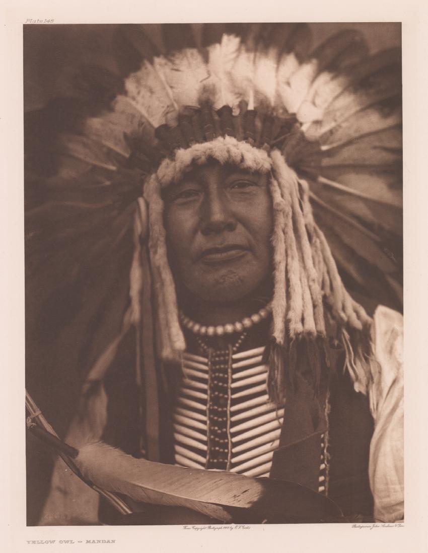 Edward Curtis Photogravure Yellow Owl-Mandan: Edward Curtis Photogravure titled "Yellow Owl-Mandan" plate 148. Reads "From Copyright Photograph 1908 E.S. Curtis" below image. Holland Van Gelder Paper watermark in margin. University of San Diego B