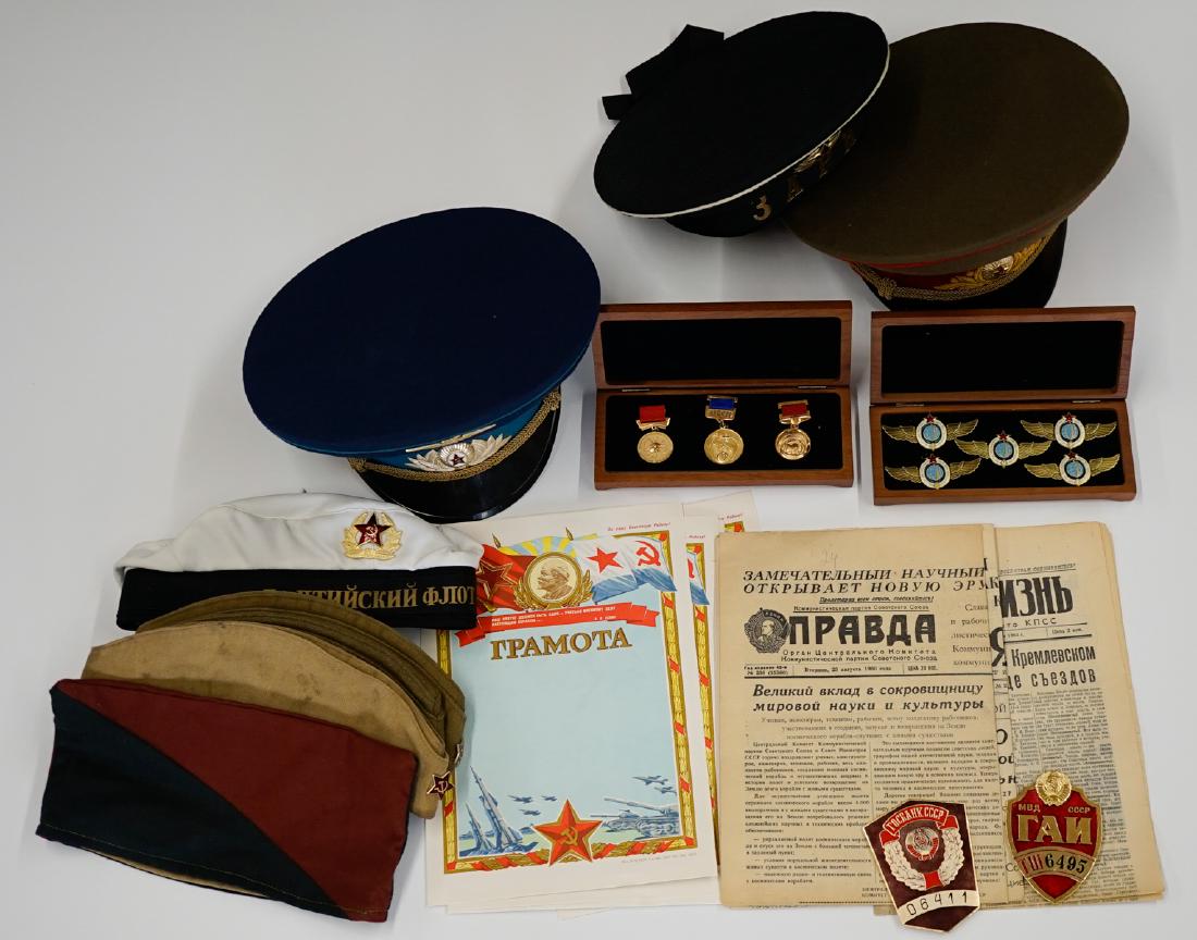 Soviet Military Hats, Badges, Medals and Pins: Soviet Military hats, badges, medals and pins. We ship all items from this auction in-house and gladly combine shipping if possible of multiple items.