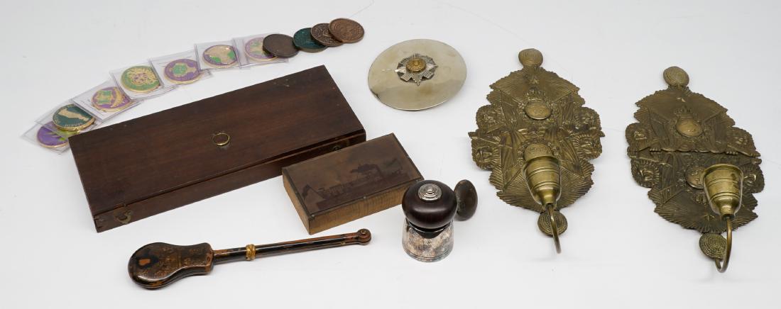 Collection of Metalware, Mardi Gras and more: Collection of items including Mardi Gras medals, an antique Japanese lacquer opium scale, Christofle wine cork and more. We ship all items from this auction in-house and gladly combine shipping if pos
