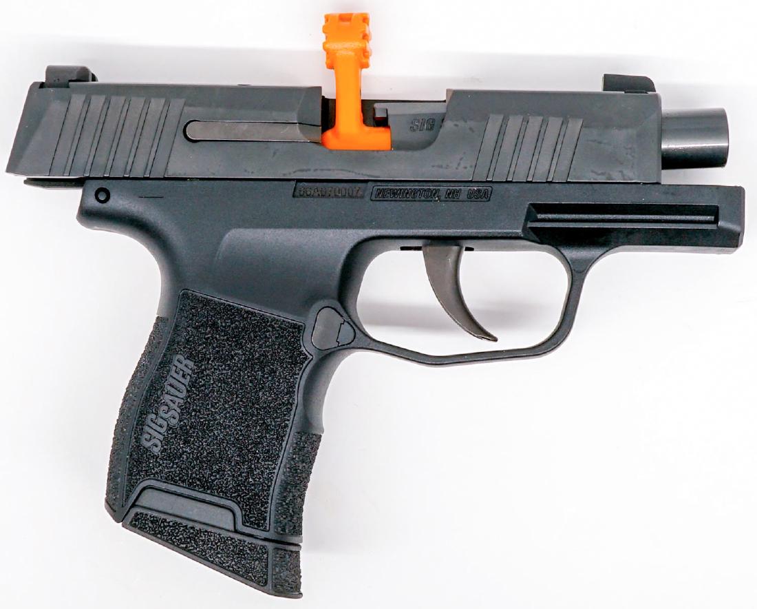 Sig Sauer P365 9mm Luger Caliber Semi-Auto Pistol: Sig Sauer Model P365 9mm Luger caliber. TG-H3 sights with (3) additional clips, (2) clip holsters, gun holster, lock, booklet and original hard case. Barrel length 3.1 in. Serial number SIG66A070007. 