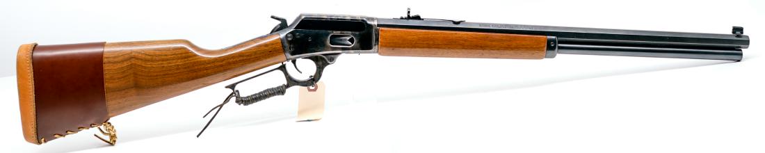 Marlin Saffett 1894 CB Lever Action Rifle: Marlin Saffett 1894 CB Lever action rifle .45 caliber. Walnut stock with leather cord butt covering with octagonal barrel, blued barrel, case hardened action & lever, leather butt cover. Barrel length