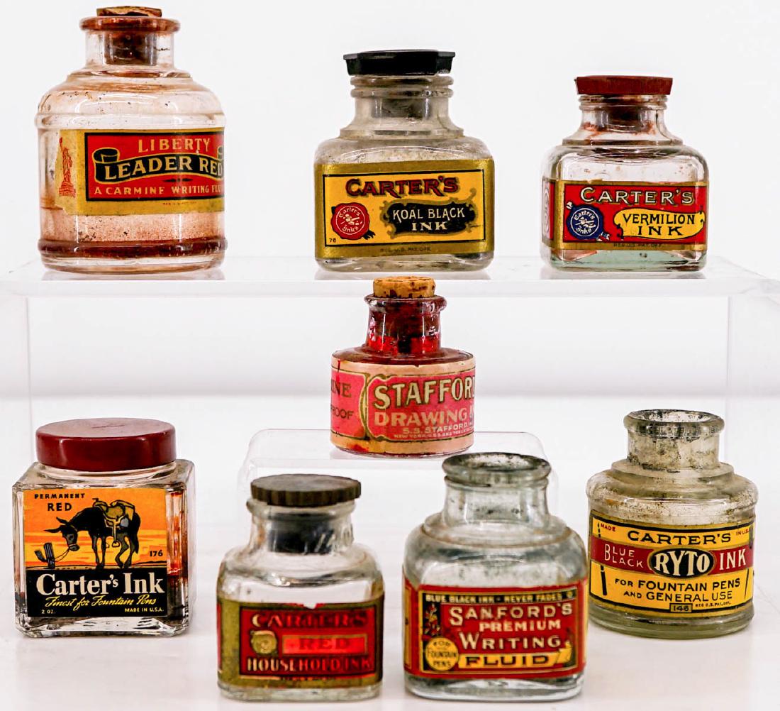 Group of Eight Ink Bottles with Labels: Group of eight old ink bottles with labels measuring from 1.75 in. to 5.125 in tall. This is an estate lot sold as-is and all sales are final. Condition report is provided as a courtesy and is only an