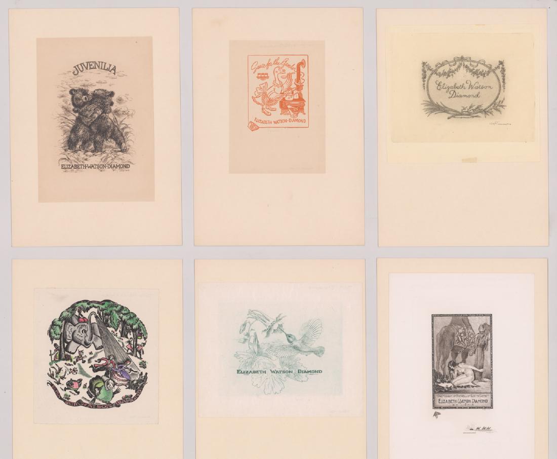 Six Vintage Bookplates for Elizabeth Diamond: Three vintage bookplates ex-libris labels for Elizabeth Watson Diamond. Includes bookplate by Willy Pogany and two by Will Simmons. They measure from 5.5 in. x 4 in. to 8 in. x 6 in. All are mounted t