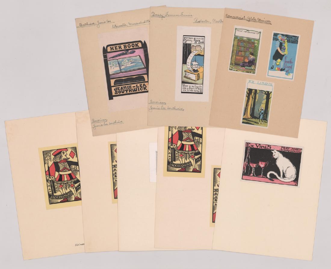 Eleven Vintage Bookplates: A group of 11 vintage bookplates ex-libris labels. Includes bookplates by artists Kalman Kubinyi, Jeanie Lea Southwick and more. They measure from 2.75 in. x 2.5 in. to 5.5 in. x 3.5 in. All are glued