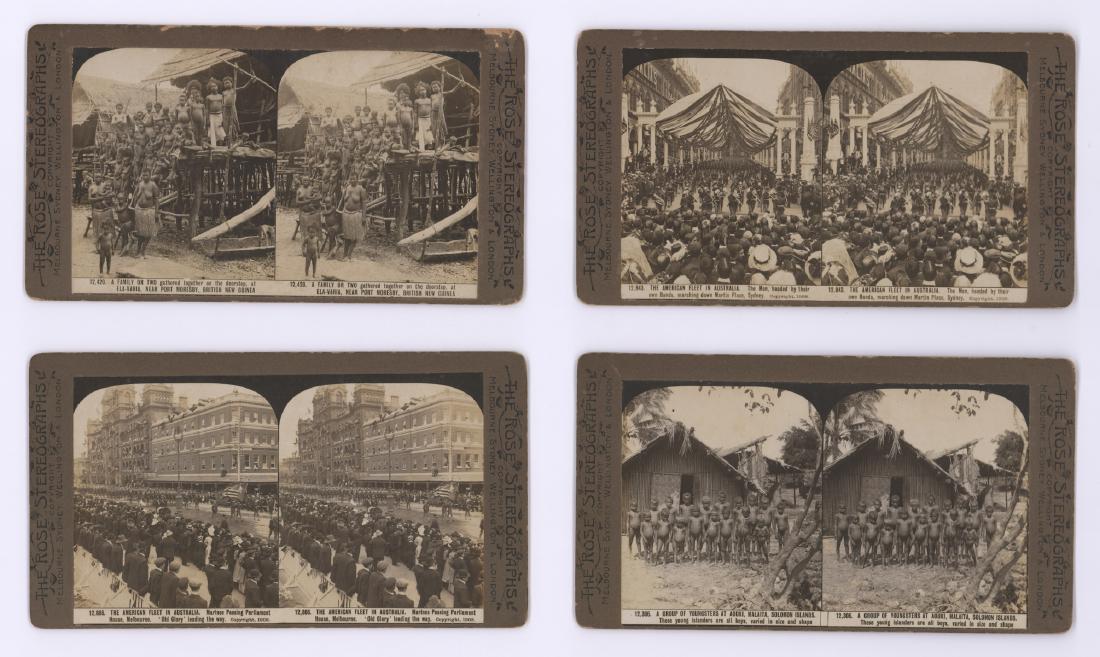 South Pacific Stereoviews Solomon Islands: Four antique stereoviews with one from the Solomon Islands, one from British New Guinea and two from the American Fleet's visit in Australia. Oversized with slightly curved mounts. All items from this