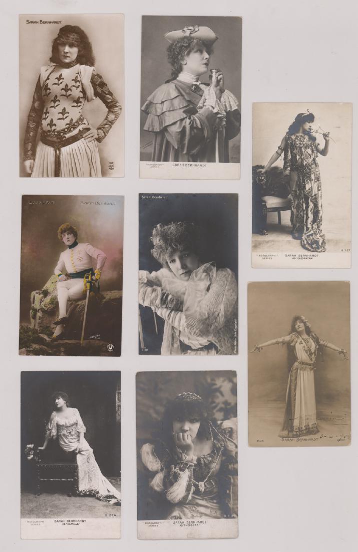 Sarah Berhnardt Real Photo Postcards: Sarah Bernhardt group of eight antique real photo postcards. VG-EX to EX. Condition report provided as an opinion only and is no guarantee. Buyer must view photos or scans and make their own determina