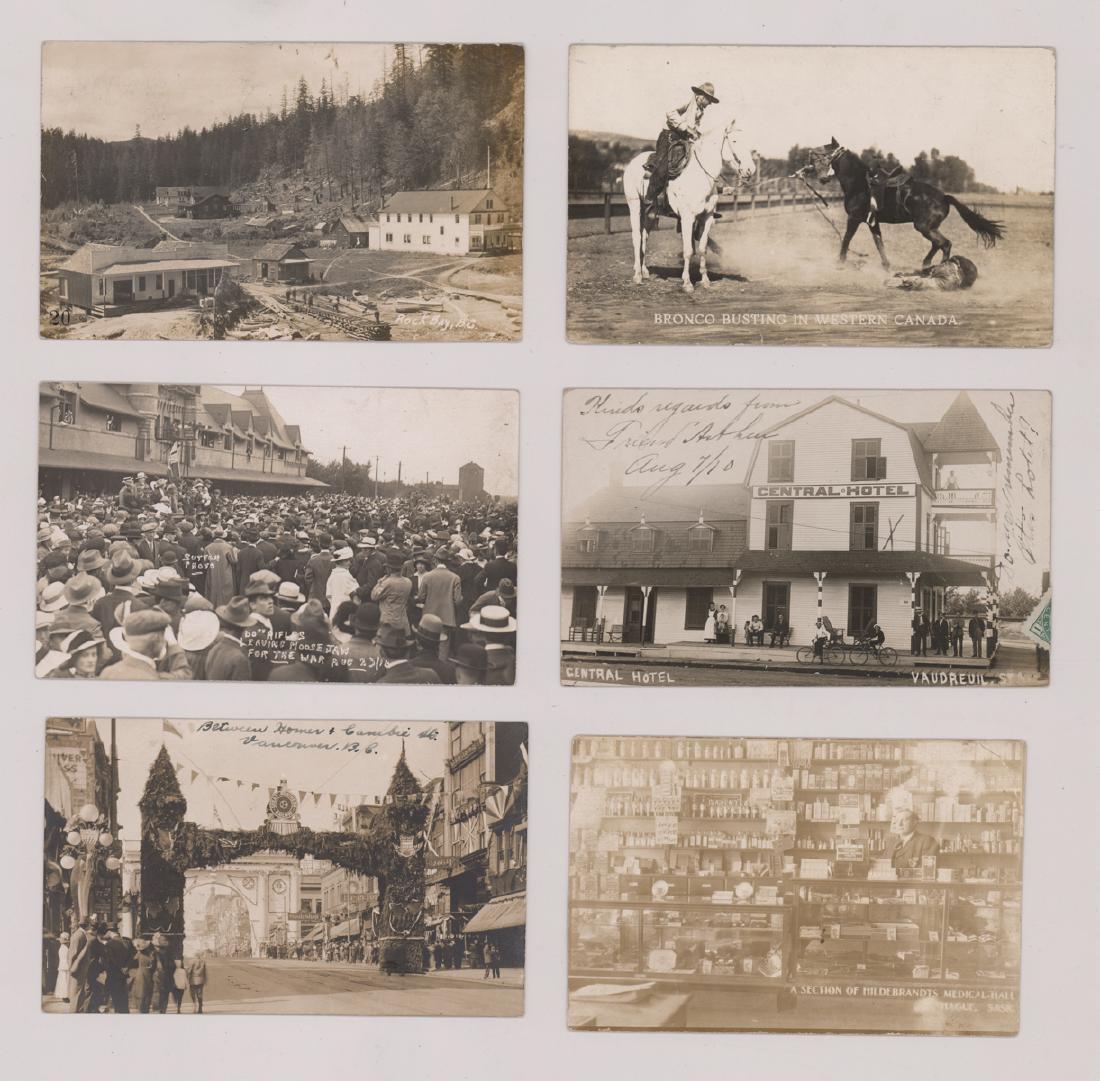 Six Antique Canadian Real Photo Postcards: Six antique Canadian real photo postcards including Central Hotel, Quebec, Moose Jaw, Rock Bay and more. Provenance: Mark Rucker Collection. All items from this auction are shipped in house.