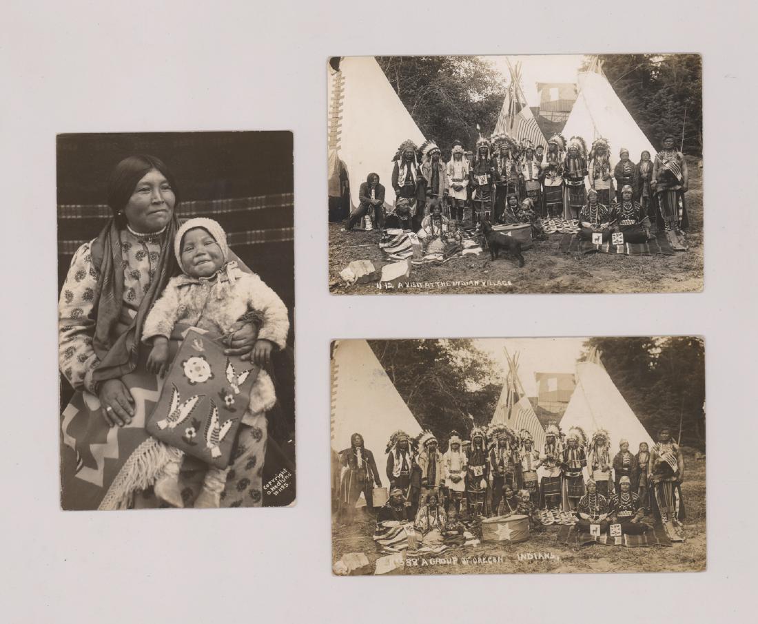 Oregon Antique Native American RPPC's and Photo: Three antique Oregon Native American images. Includes two real photo postcards and one postcard-sized photograph. VG-EX/EX. Condition report provided as an opinion only and is no guarantee. Buyer must