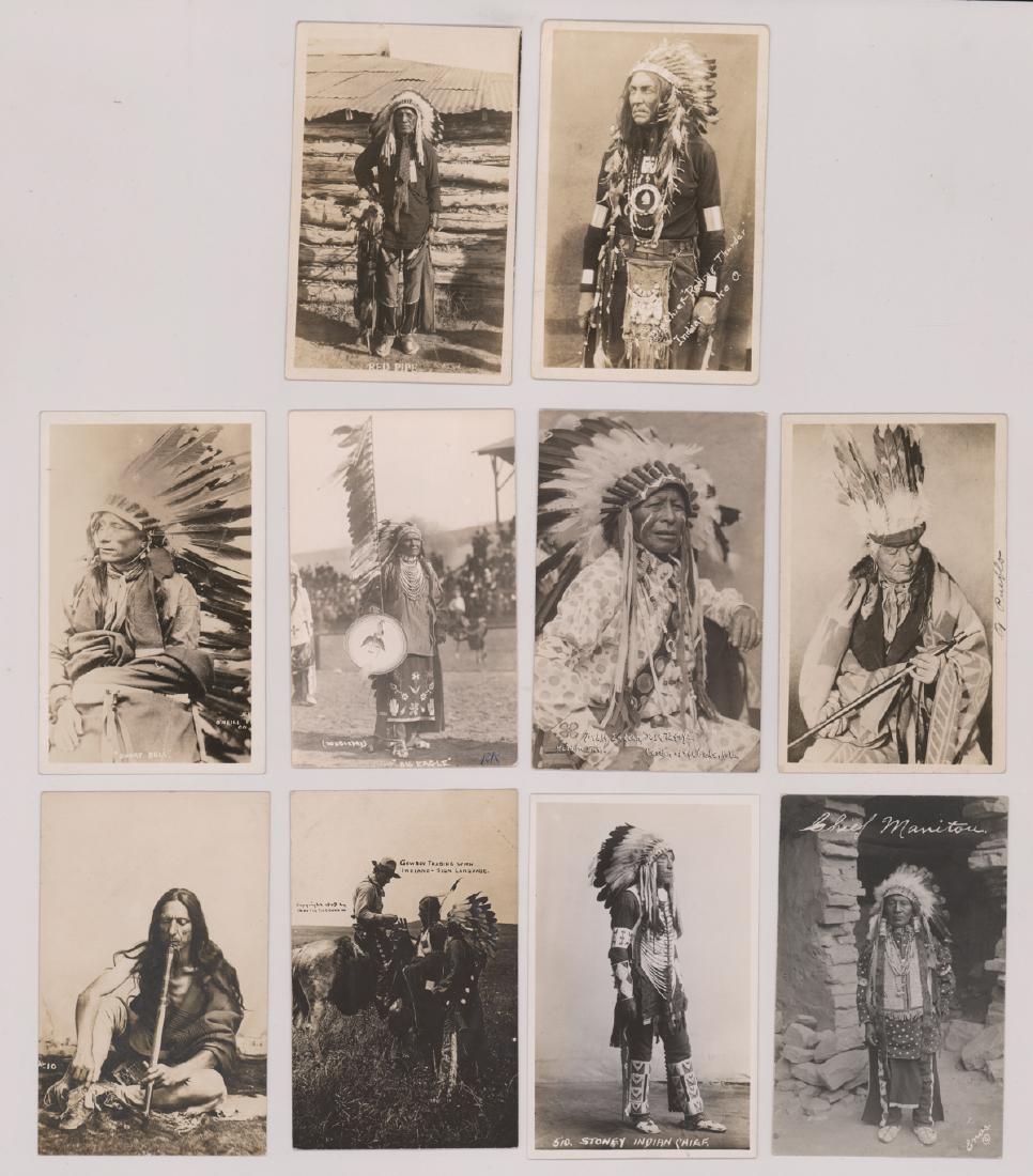 Ten Antique Native American Real Photo Postcards: A group of ten Native American real photo postcards. VG to EX. Condition report provided as an opinion only and is no guarantee. Buyer must view photos or scans and make their own determination of con