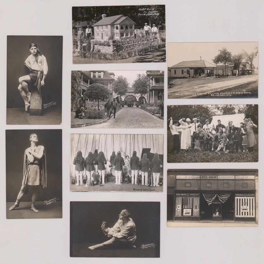 Nine Antique American Real Photo Postcards: Nine antique American real photo postcards. Includes actors by Rembrandt, House of David Band, Patriotic-themed decorated storefront and more. VG-EX/EX. Condition report provided as an opinion only an