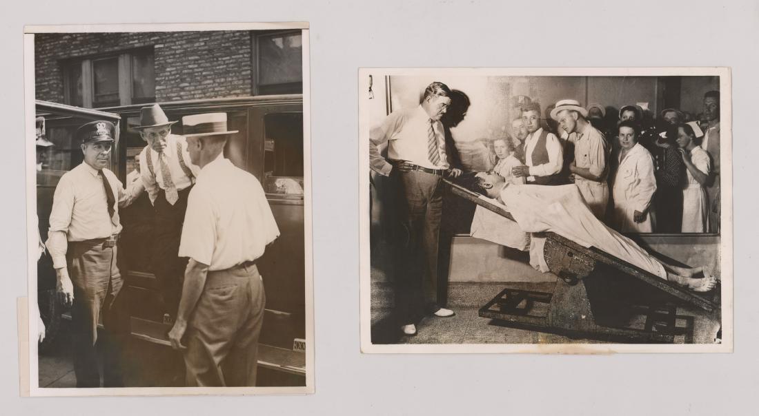 1934 Wire Photo John Dillinger Body: Two wire photos depicting the death of John Dillinger. Includes a wire photo of Dillinger's Body on display at the Cook County Morgue and a wire photo of Dillinger's father arriving in Chicago. Both m
