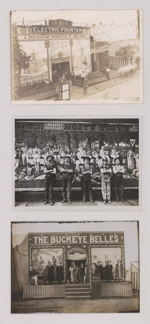 Three Antique Circus Photographs: Three antique circus photographs. Includes The Buckeye Belles, La Rose Electric Fountain and five men standing in front of a gigantic Hoity Toity circus banner. They measure 5 in. x 7 in. All three ar