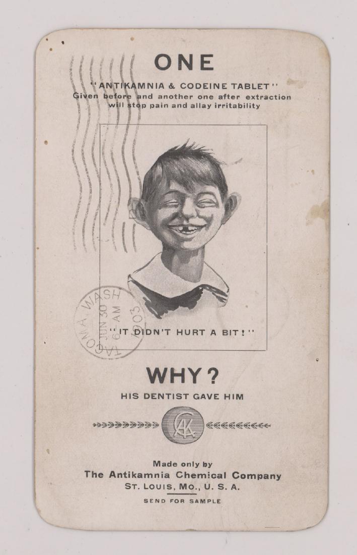 Pre-Mad Alfred E. Neuman Likeness 1903 Postcard: 1903 advertising postcard for The Antikamnia Chemical Company. Likeness to Alfred E. Neuman on this postmarked 1903 postcard. VG. Provenance: Estate of Russell Johanson, Ravenna Rare Books, Seattle, W