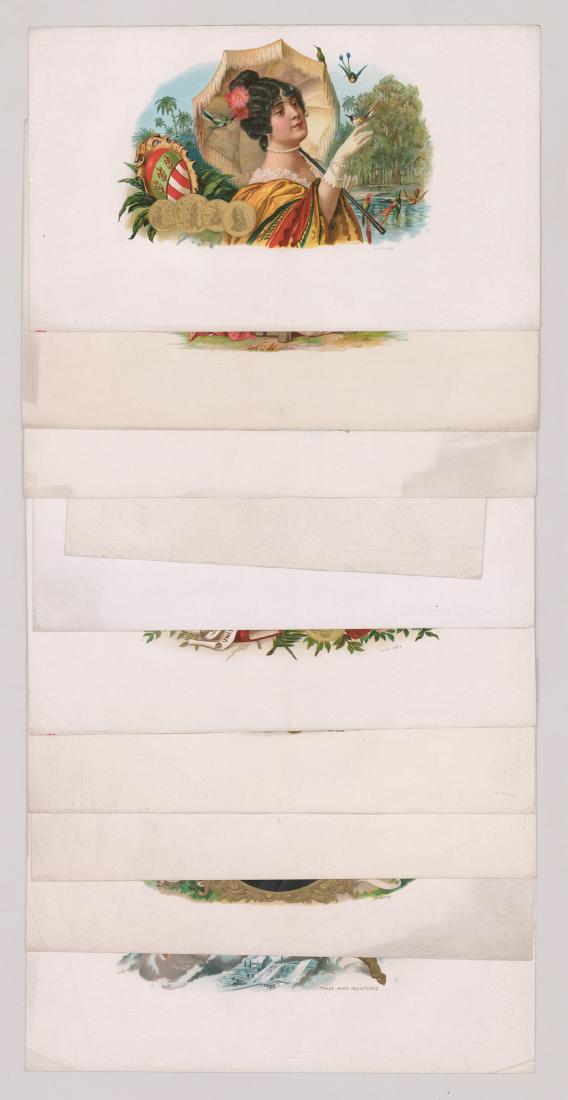 Ten Antique Cigar Box Labels: Ten antique cigar box labels measuring approximately 6 in. x 10.5 in. Various conditions. Provenance: Estate of Russell Johanson, Ravenna Rare Books, Seattle, Washington. All items from this auction a