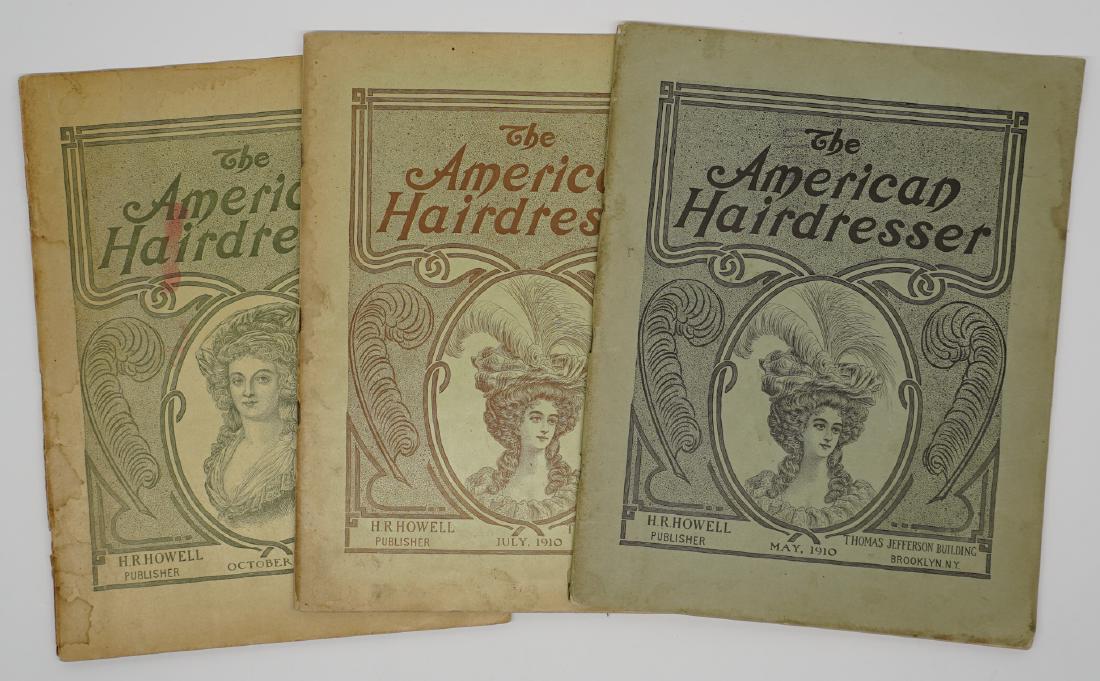 (3) Issues The American Hairdresser Magazine 1910: Three issues of The American Hairdresser magazine. Includes July 1910 (108 pages), May 1910 (100 pages) and October 1910 (114 pages). They are chalk full of great advertisements and illustrated pages.