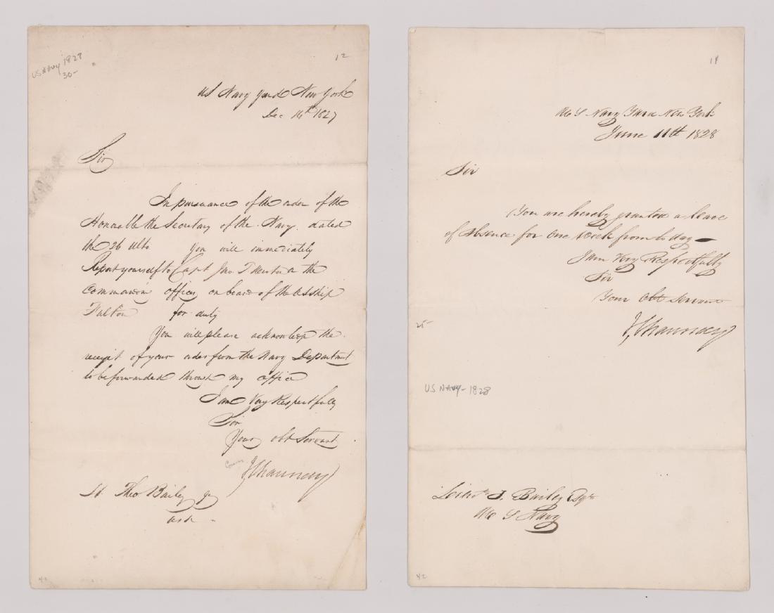 1827, 1828 U.S. Naval Letters Isaac Chauncey: Two U.S. Naval handwritten signed letters by Isaac Chauncey. Isaac Chauncey (1772-1840) joined the navy as a lieutenant in 1798, and fought with gallantry in the West Indies during the Quasi-War with 