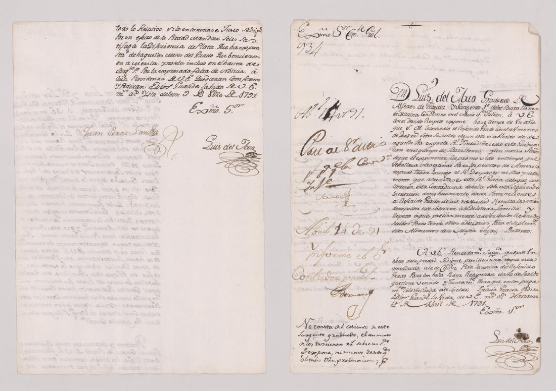 Two 1791 Spanish Naval Letters: Two 1791dated Spanish handwritten military letters signed by Luis del Arco, and Juan Perez Laso (Lasso). Laid paper with watermarks in center. Measures 11.875 in x 8.5 in. (30 cm x 21 cm). Very good c