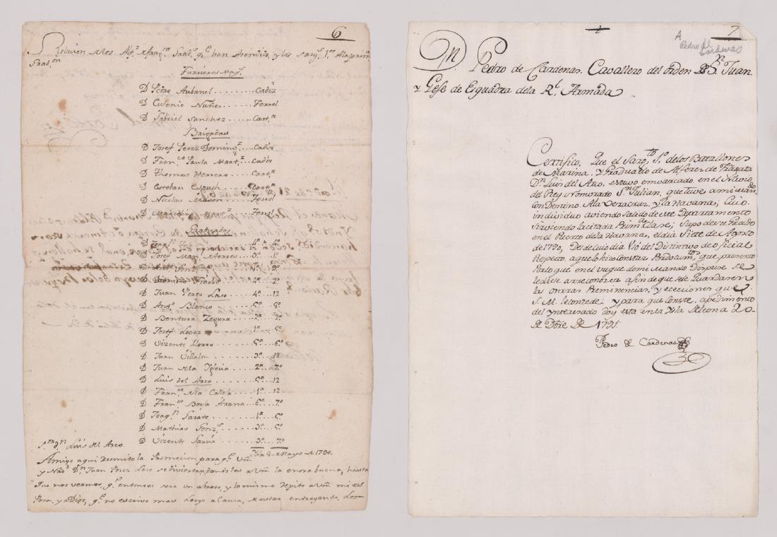 1790, 1791 Spanish Military Handwritten Letters: Two Spanish military letters dated 1790 and 1791. Both on laid paper, no watermarks. The 1790 handwritten letter is signed by Pedro de Cardenas, 1791 letter is signed by Manuel Cortez and other. They 