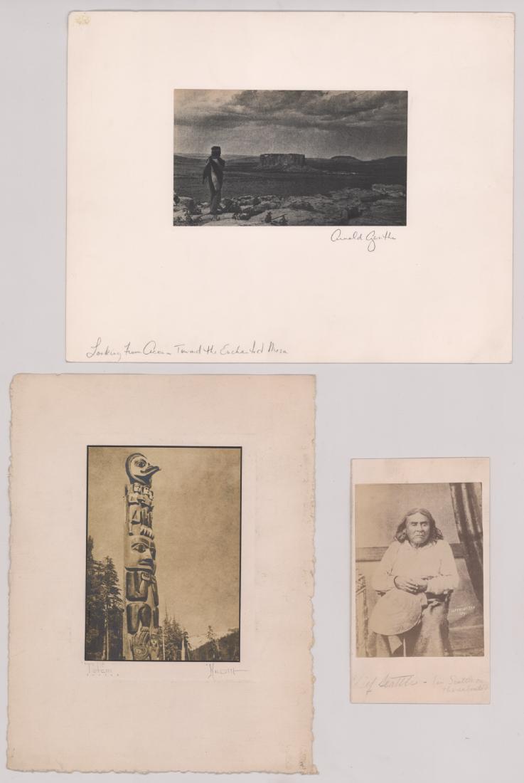 Native American Images: Native American photographs including Arnold Genthe signed piece and Chief Seattle cabinet card. Cabinet card measures 7.625 in. x 4.3125 in. and Genthe print measures 4.25 in. x 7.25 in. image size. 