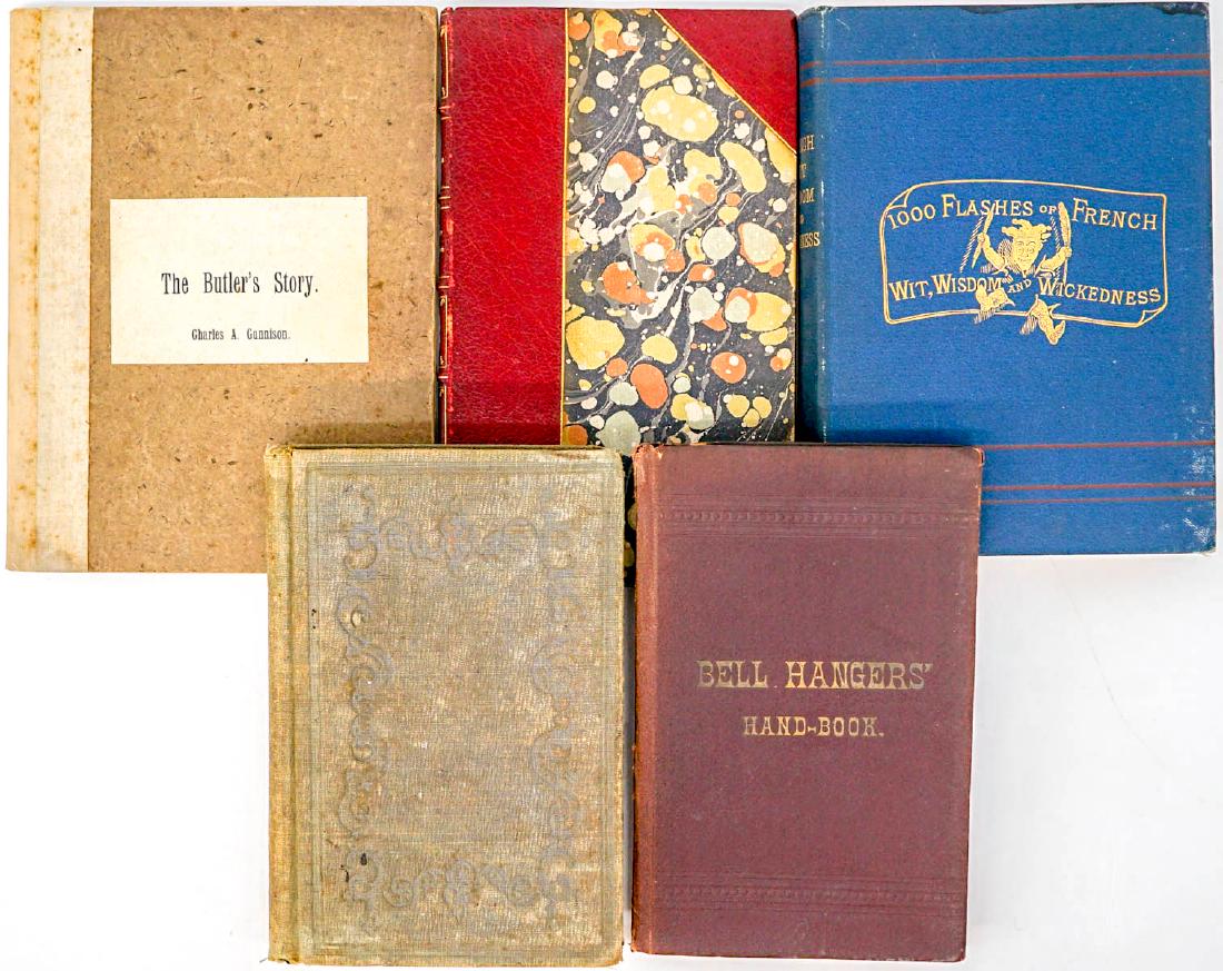 Nineteenth Century (5) Books: Group of five nineteenth century books. Includes: The Butler's Story by Charles A. Gunnison 1890; Bell Hangers' Hand-Book by F. B. Badt 1889; Prison Tales 1854; The Basia, or Kisses of Joannes Secundu