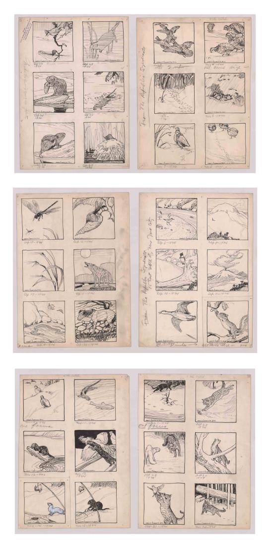 Charles Livingston Bull Original (36) Drawings 1923-4: Charles Livingston Bull (American, 1874 - 1932) collection of 36 pen and ink drawings in groups of 6 on 6 separate sheets. Each drawing measures 4-in x 4-in. Sheet size measures vary - smallest at 15.